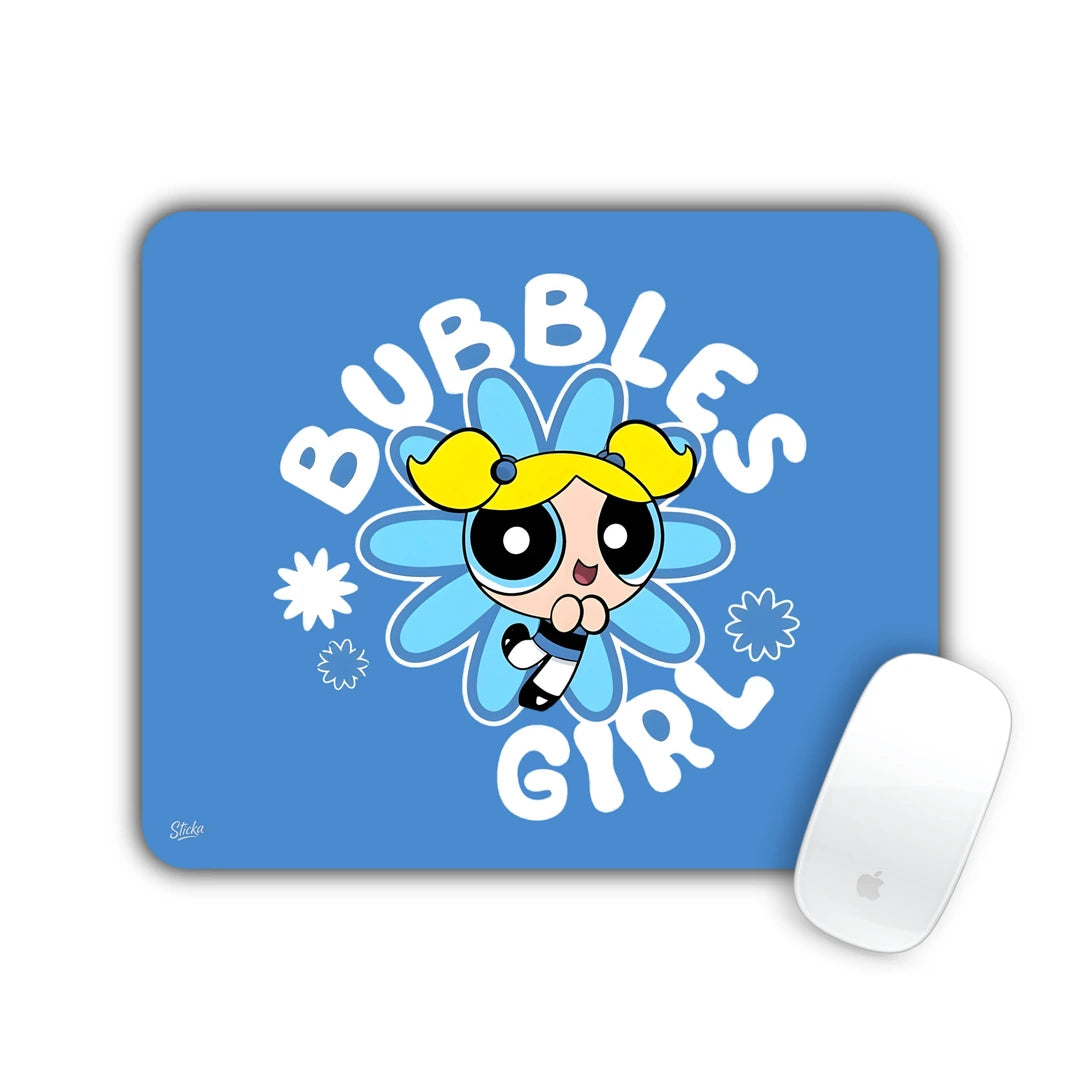 Blue-eyed cartoon girl with blonde pigtails in a flower with 'Bubbles Girl' text mouse pad 23x19