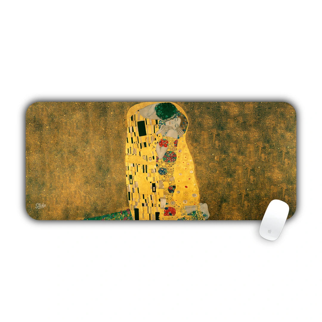 Gustav Klimt's iconic golden art nouveau painting The Kiss on textured background desk pad 70x30