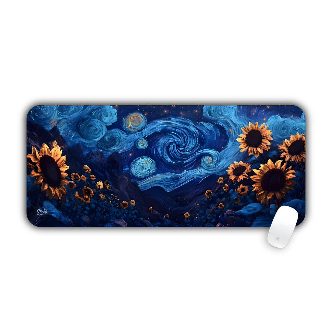 Vincent van Gogh inspired swirling starry night sky with golden sunflowers along the bottom desk pad 70x30