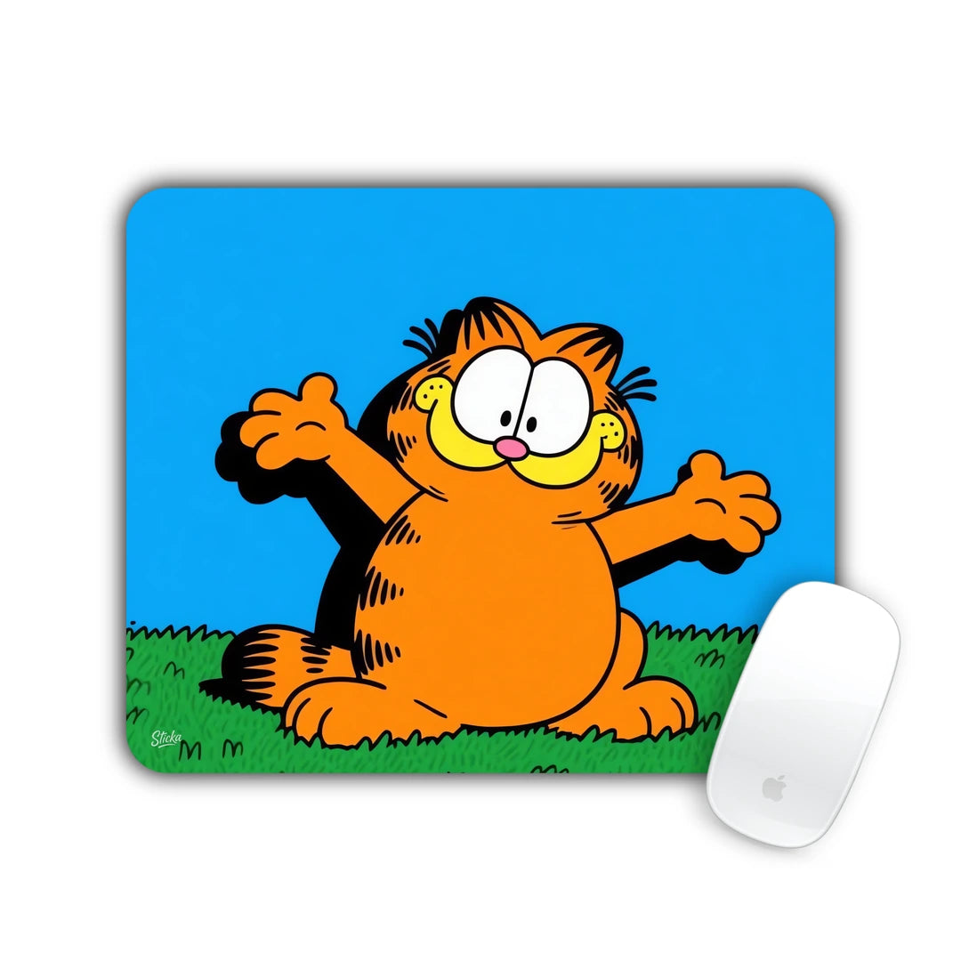 Classic orange cartoon cat with arms wide open on grass under a blue sky mouse pad 23x19