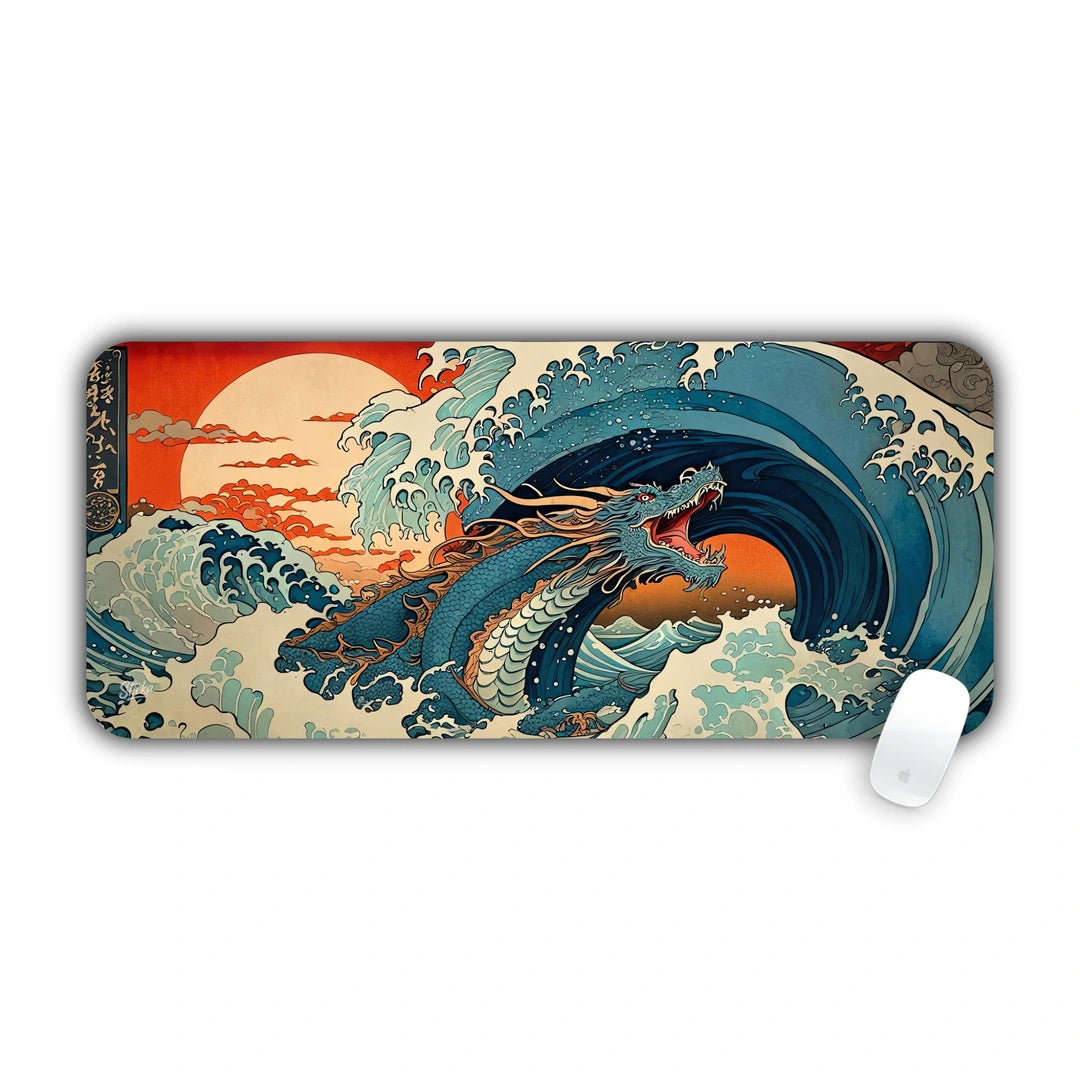 Traditional Japanese ukiyo-e style azure sea dragon emerging from massive ocean waves under red sun desk pad 70x30