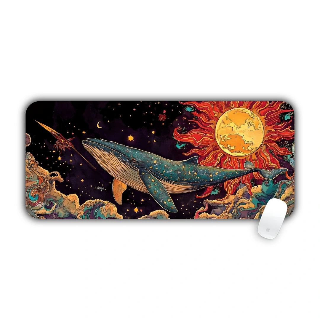 Fantasy illustration of a blue humpback whale swimming through deep space near a radiant glowing sun desk pad 70x30