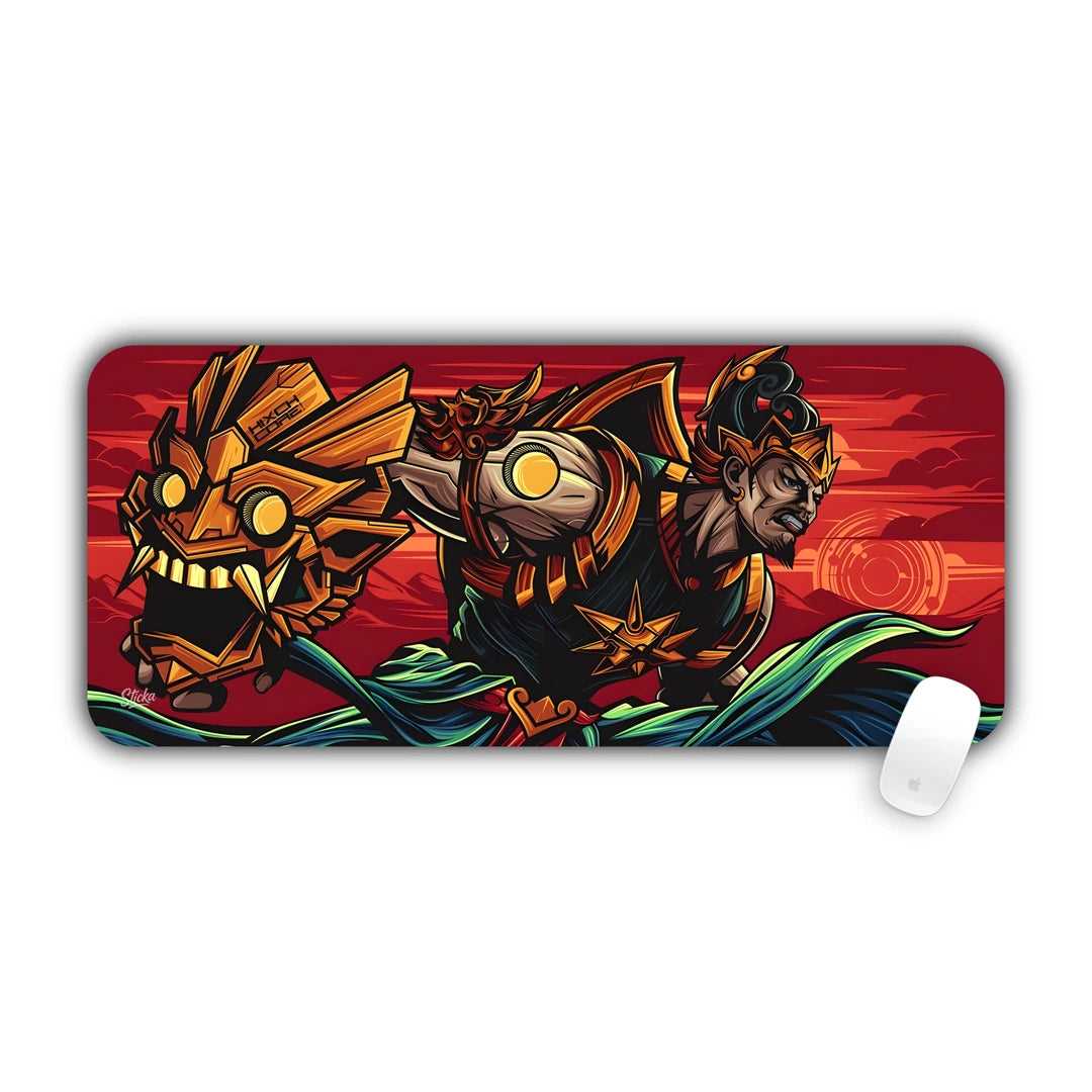 Stylized samurai warrior in golden armor with ferocious oni demon mask on crimson sun background desk pad 70x30
