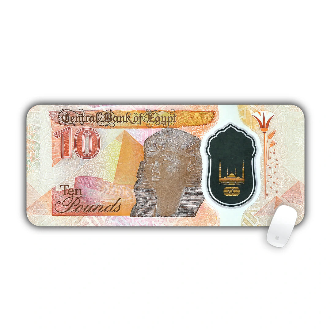 English face of the Egyptian ten pounds polymer banknote featuring King Khafre and administrative capital mosque desk pad 70x30
