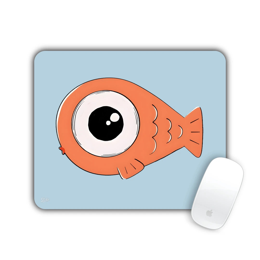 Orange cartoon fish with one huge eye on light blue mouse pad 23x19