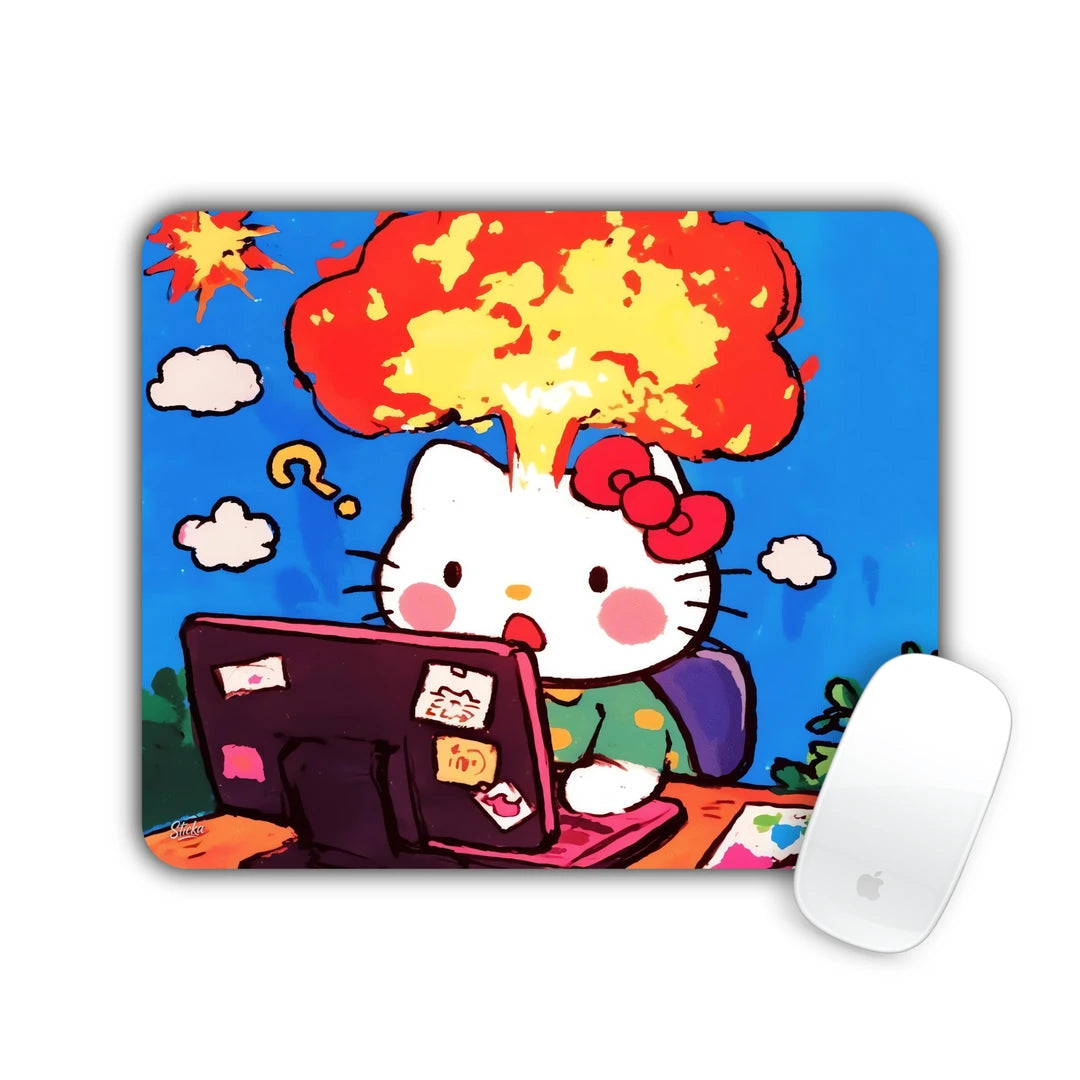 White kitty with red bow at a computer with an explosion over her head mouse pad 23x19