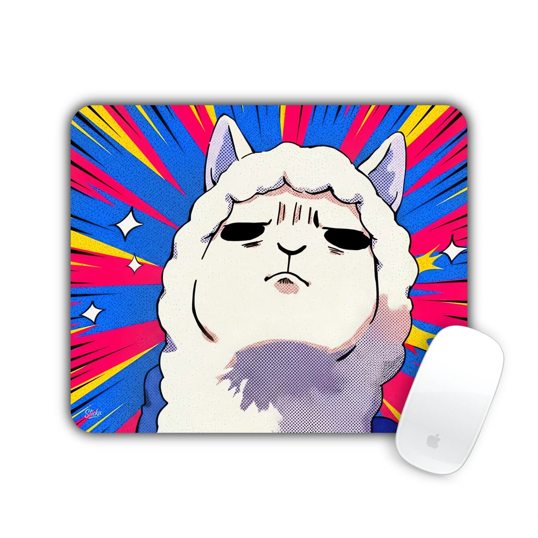 Fluffy alpaca with a smug face against a colorful comic burst mouse pad 23x19