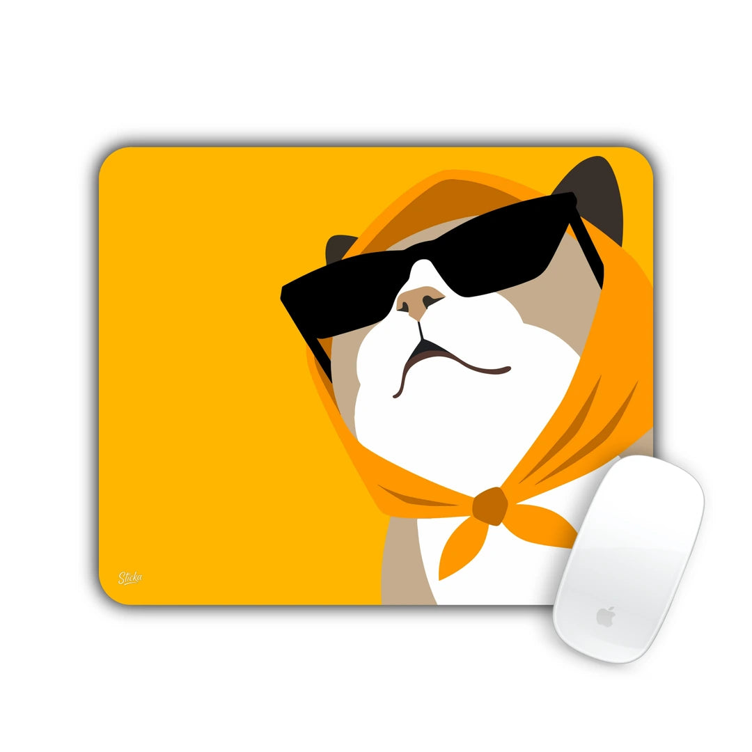 Cat in an orange headscarf and black sunglasses on orange mouse pad 23x19