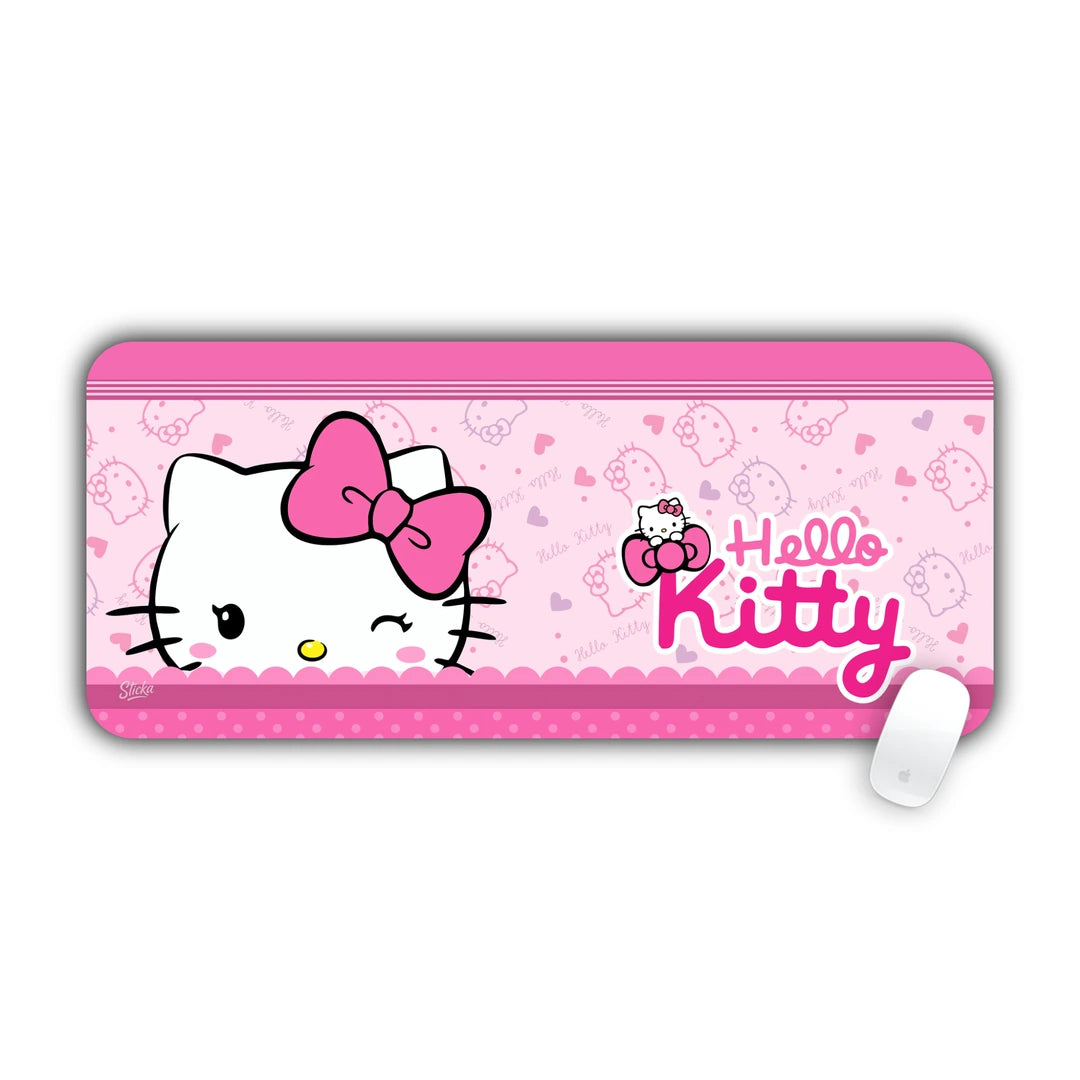 Hello Kitty with pink bow on cute patterned pink background desk pad 70x30