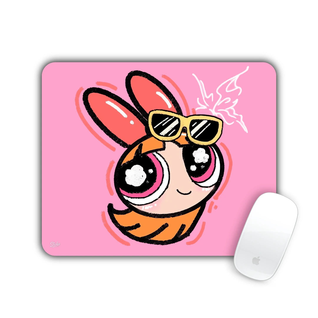 Red-haired cartoon girl with a big bow and yellow sunglasses on pink mouse pad 23x19