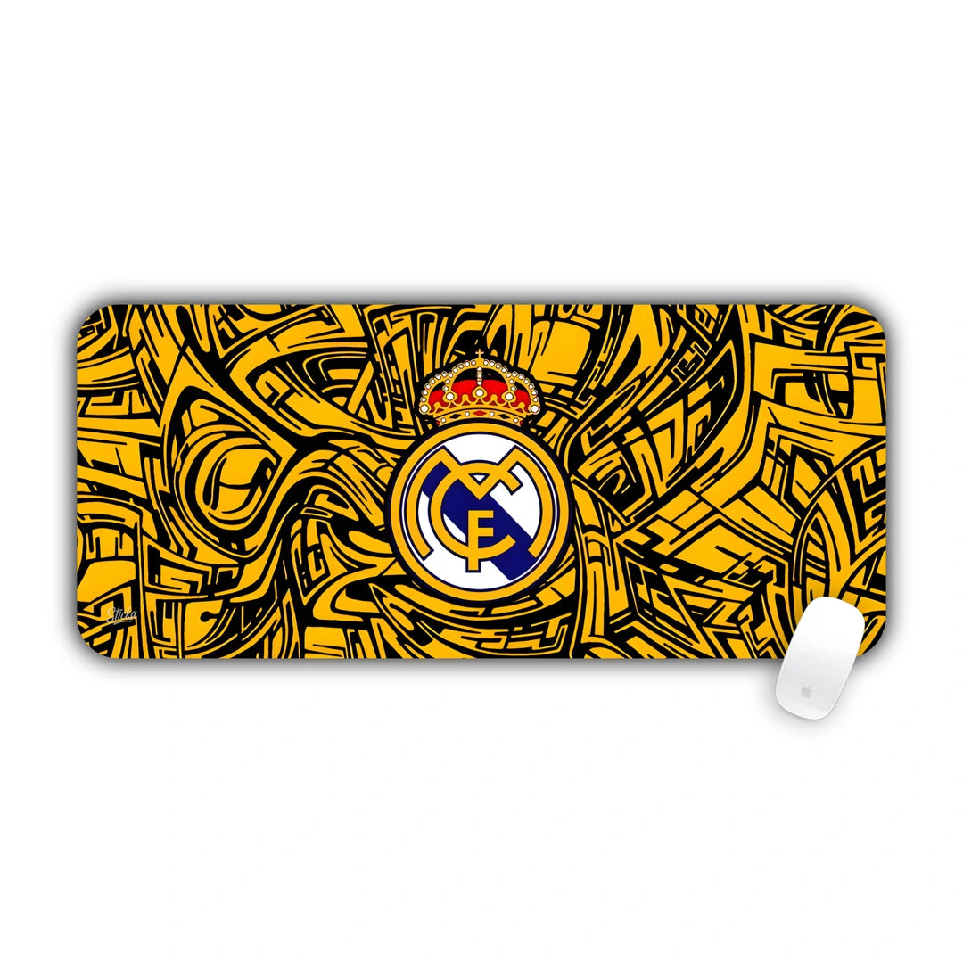 Real Madrid club crest over intricate gold and black doodle art desk pad 70x30