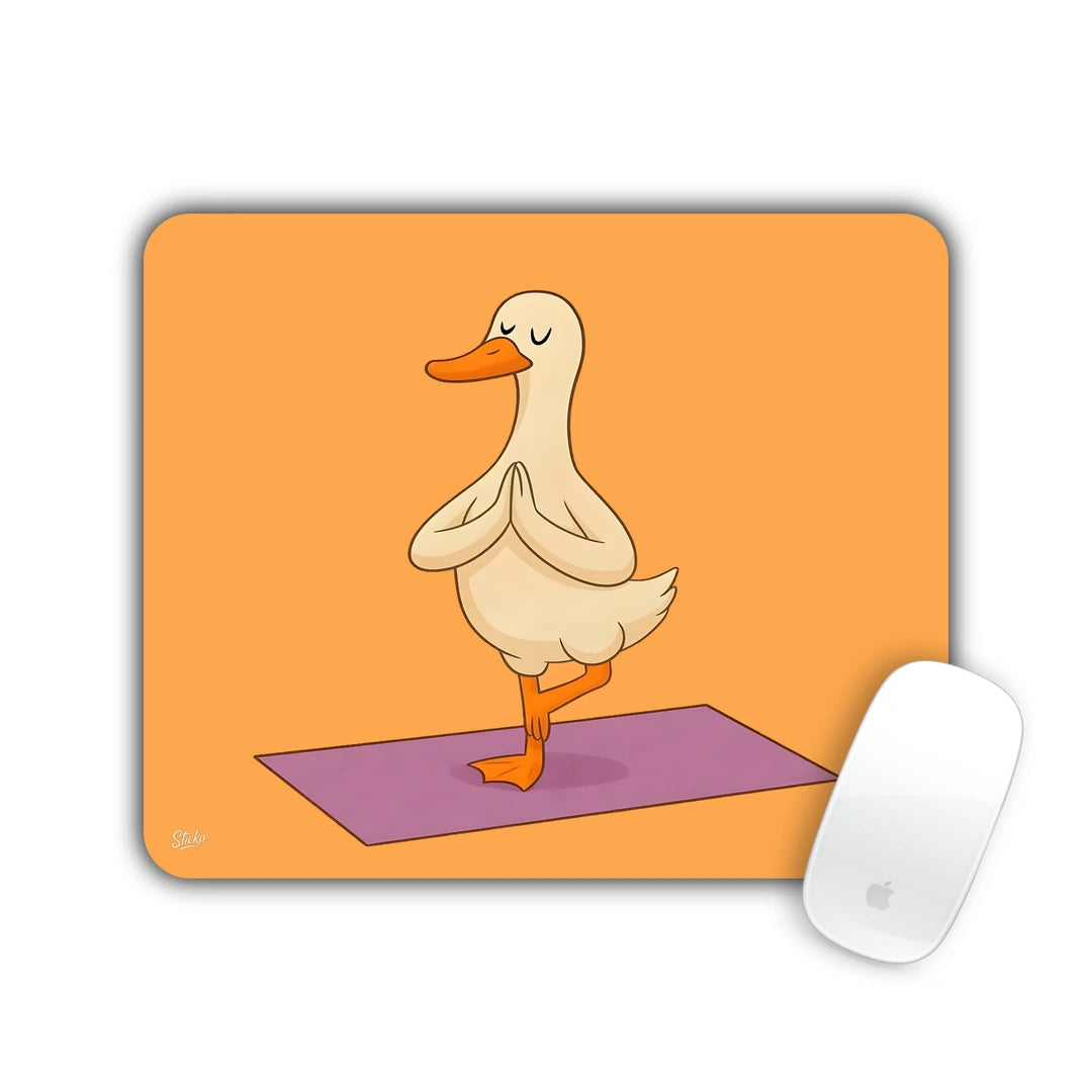 Duck in a tree yoga pose on a purple mat, orange background mouse pad 23x19
