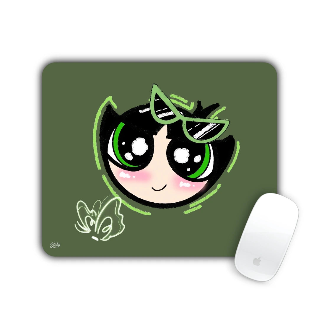 Black-haired cartoon girl with green sunglasses on olive green mouse pad 23x19