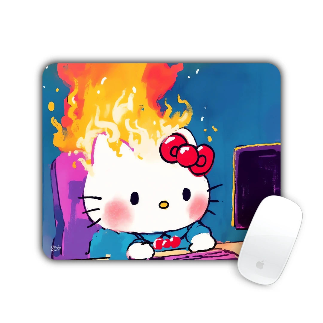 White kitty with red bow at a computer with her head on fire, painterly style mouse pad 23x19