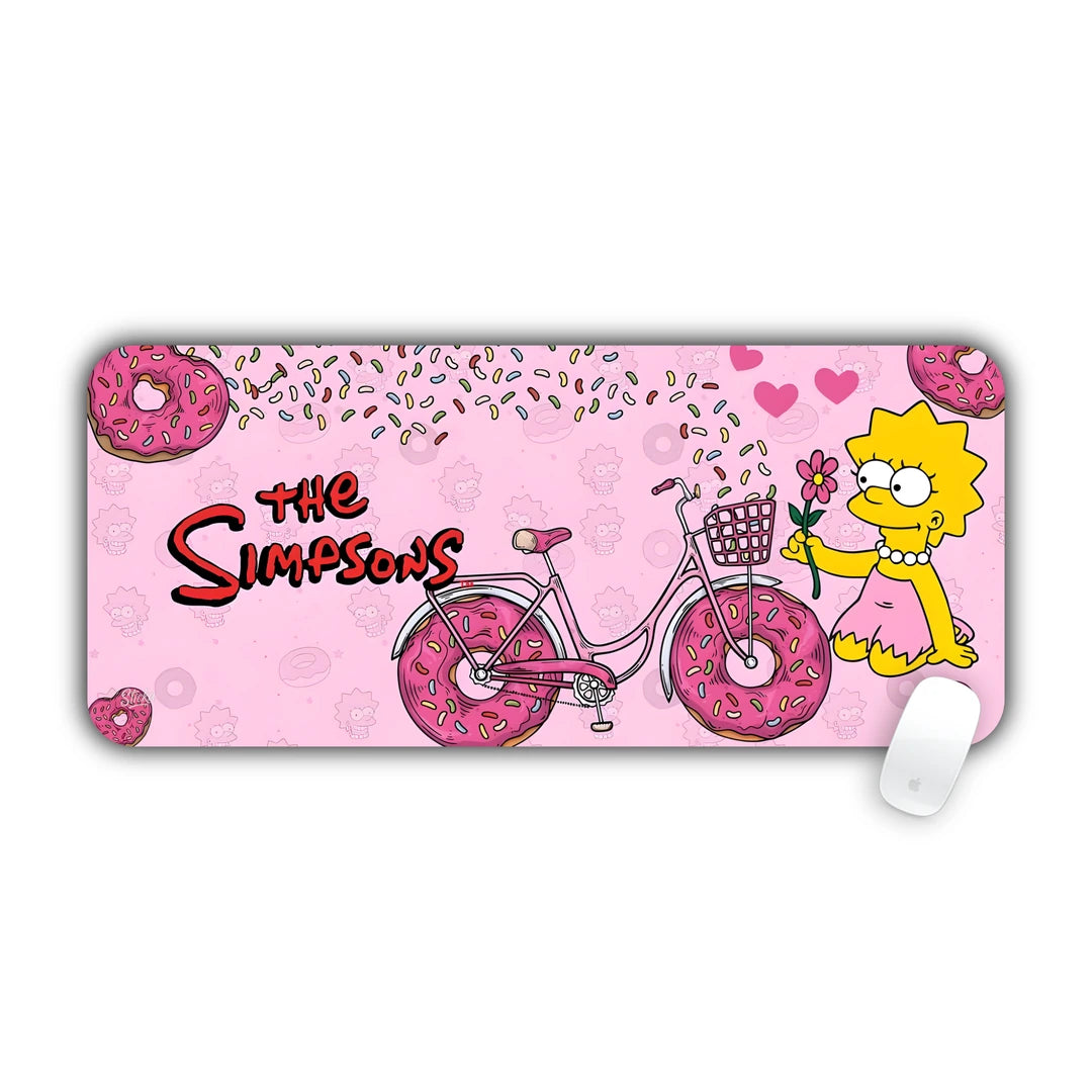 Lisa Simpson riding a bicycle with donut wheels on pink sprinkle background desk pad 70x30