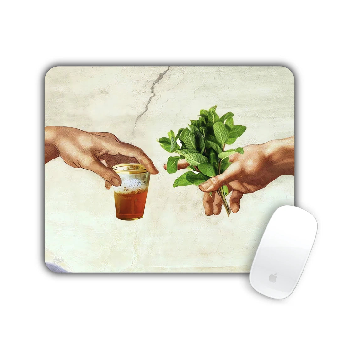 Creation of Adam hands passing an iced coffee and fresh mint on a cracked fresco mouse pad 23x19