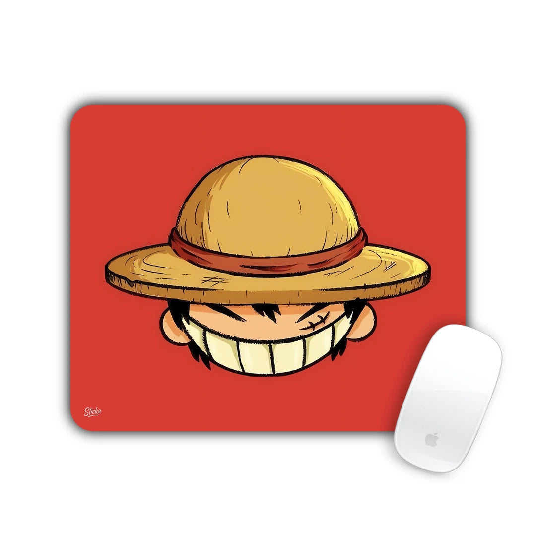 Straw hat over a big toothy grin on red mouse pad 23x19