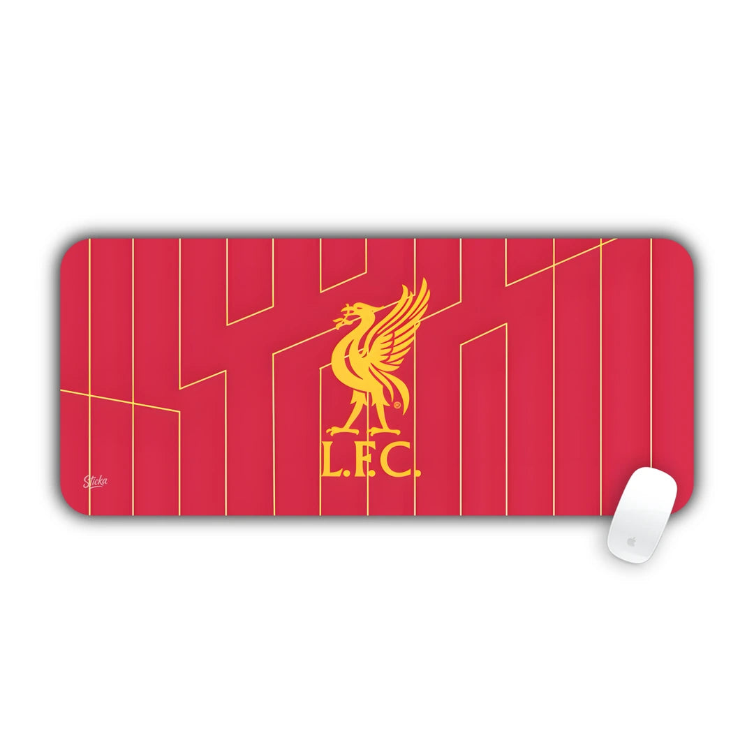 Liverpool FC golden Liverbird crest centered on red lined backdrop desk pad 70x30