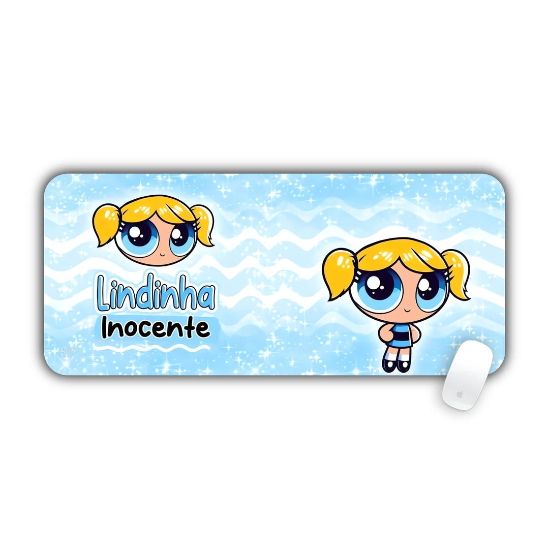 Bubbles from Powerpuff Girls on sparkling pastel blue background desk pad 70x30