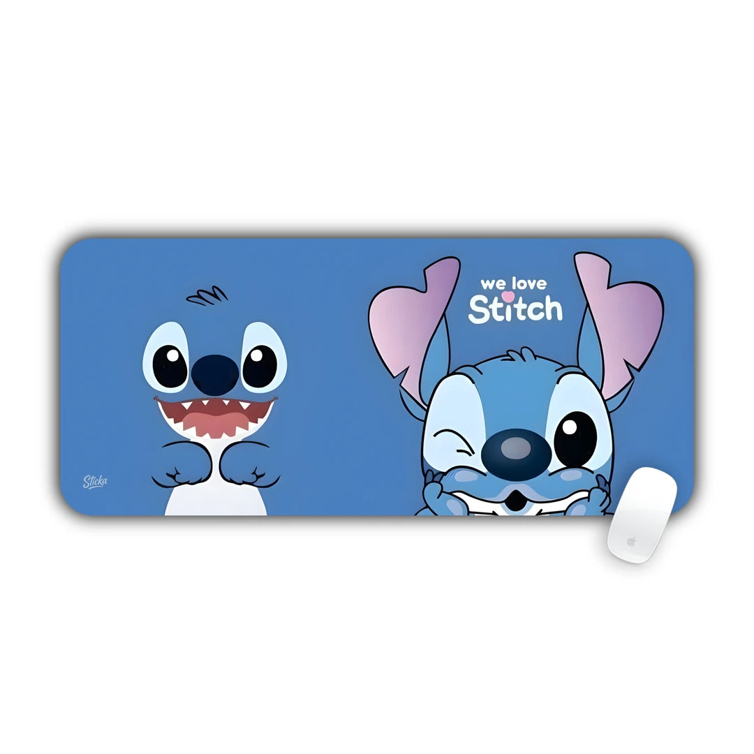 Cute Stitch cartoon expressions with We Love Stitch text on blue background desk pad 70x30