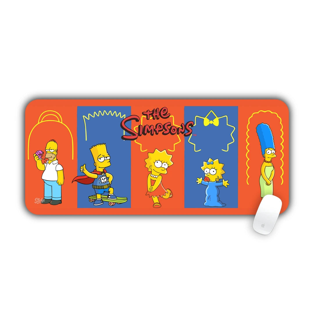 The Simpsons family members framed in blue silhouettes on bright orange background desk pad 70x30