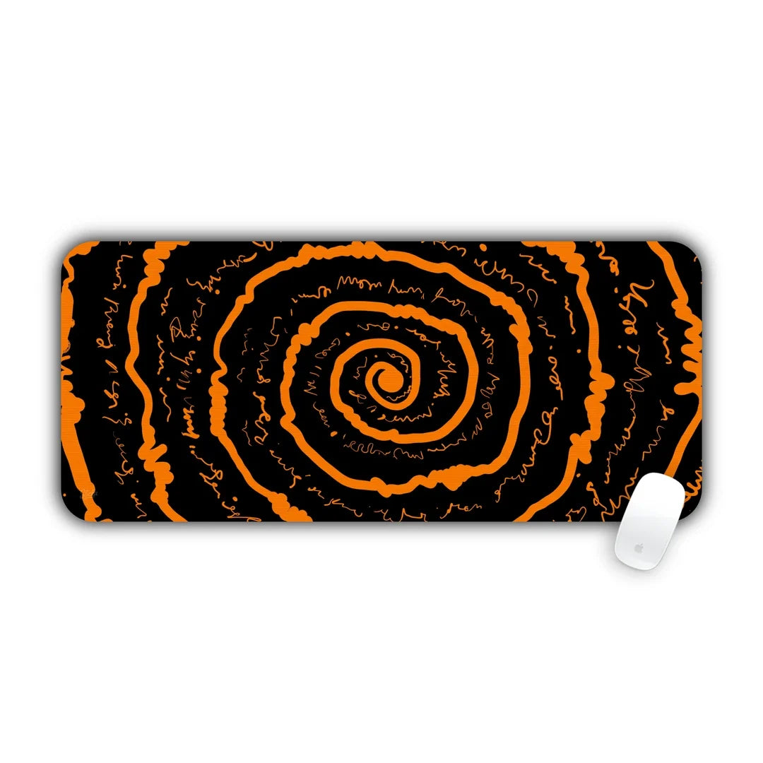 Orange spiral on black large mouse pad 70x30