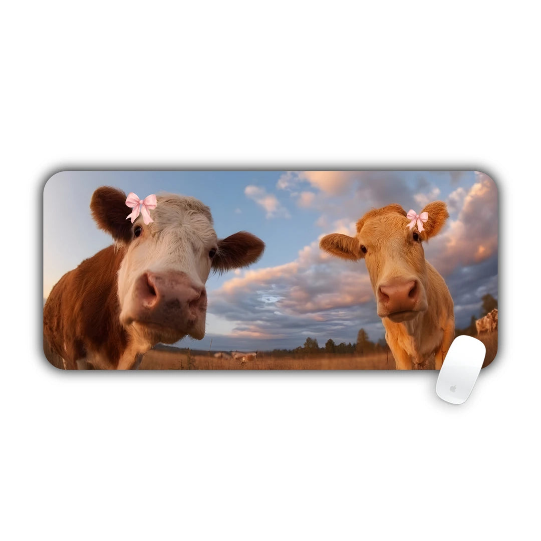 Two curious cows wearing pink hair bows looking into the camera under a cloudy sunset sky large mouse pad 70x30