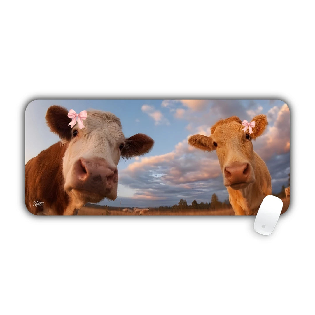 Two curious cows wearing pink hair bows looking into the camera under a cloudy sunset sky large mouse pad 70x30