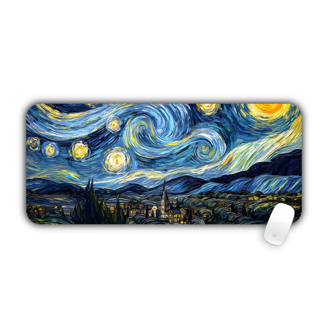 Van Gogh style swirling blue night sky with glowing stars and moon over a sleeping village and cypress tree, panoramic painting large mouse pad 70x30