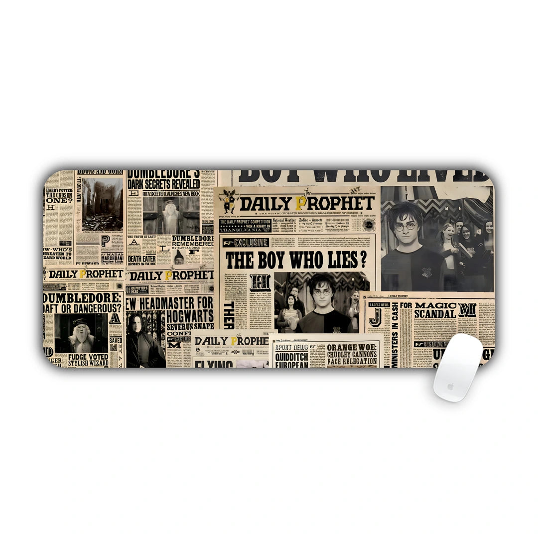 Vintage wizarding newspaper front pages collage with moving-photo headlines desk pad 70x30