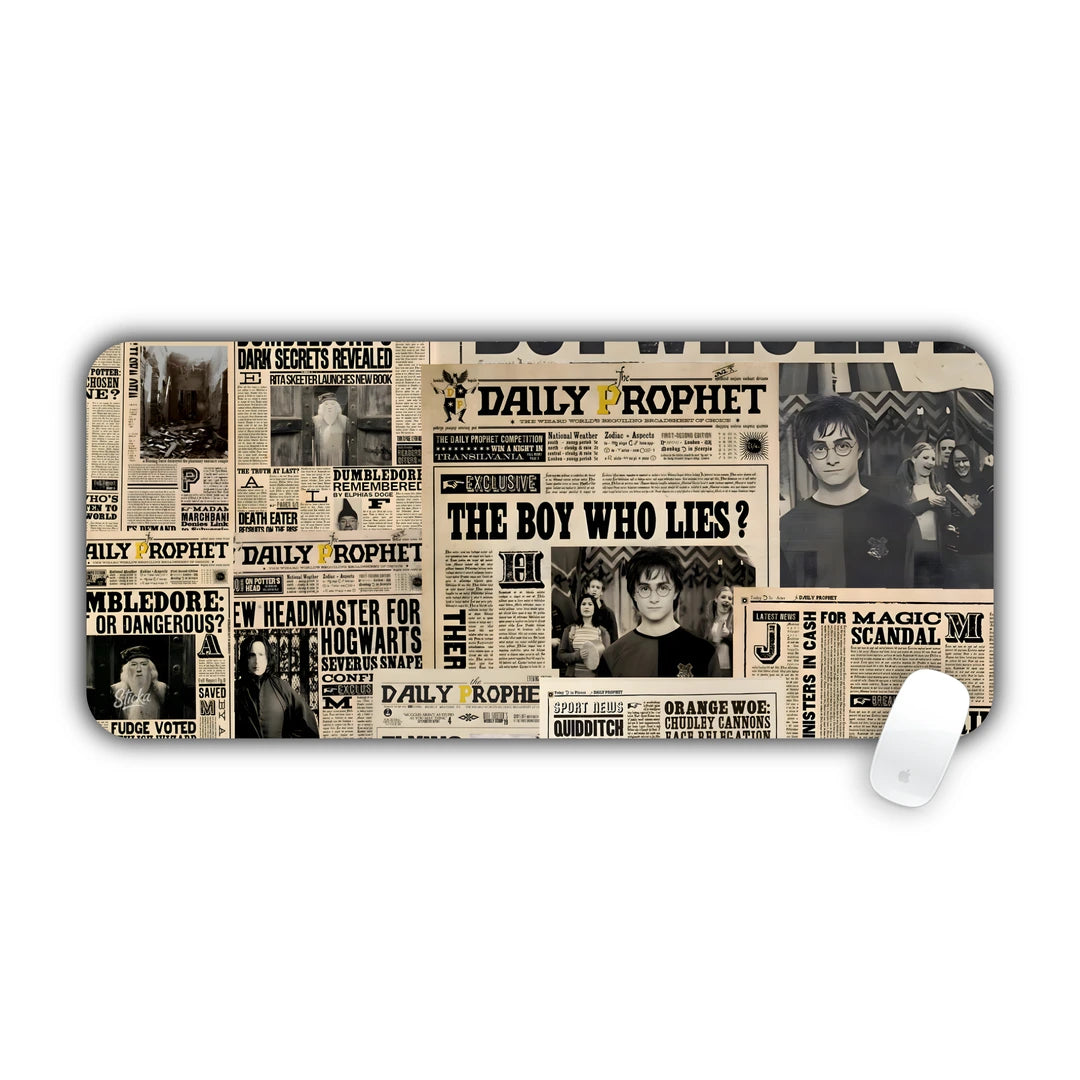 Vintage wizarding newspaper front pages collage with moving-photo headlines desk pad 70x30