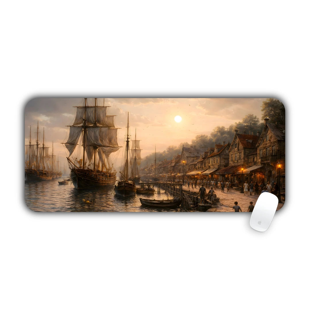 Classic oil painting of tall sailing ships in a harbor at sunset desk pad 70x30