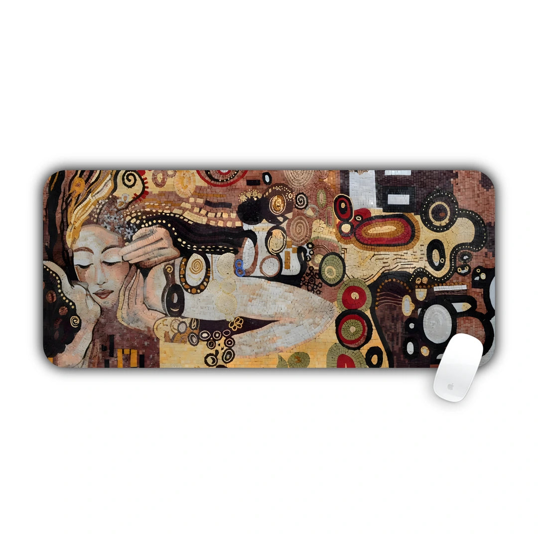 Klimt-style golden mosaic painting of an embracing couple with ornate patterns desk pad 70x30