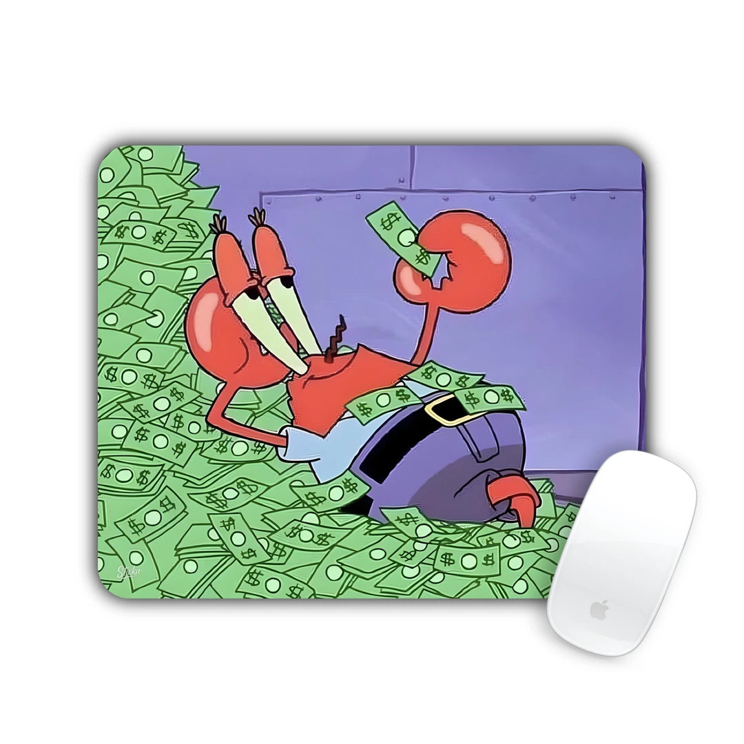 Cartoon crab relaxing on a mountain of money mouse pad 23x19