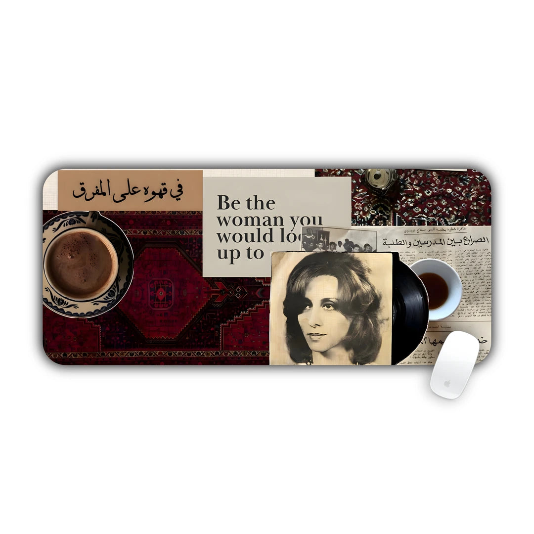 Vintage Arabic collage with Turkish coffee cup, vinyl record, retro portrait and 'Be the woman you would look up to' quote desk pad 70x30
