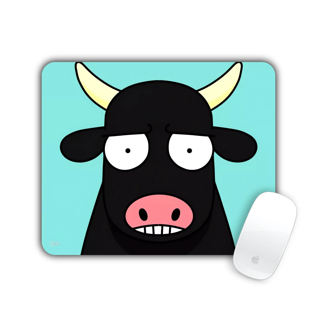 Black cartoon bull with wide eyes and big nose on aqua background mouse pad 23x19