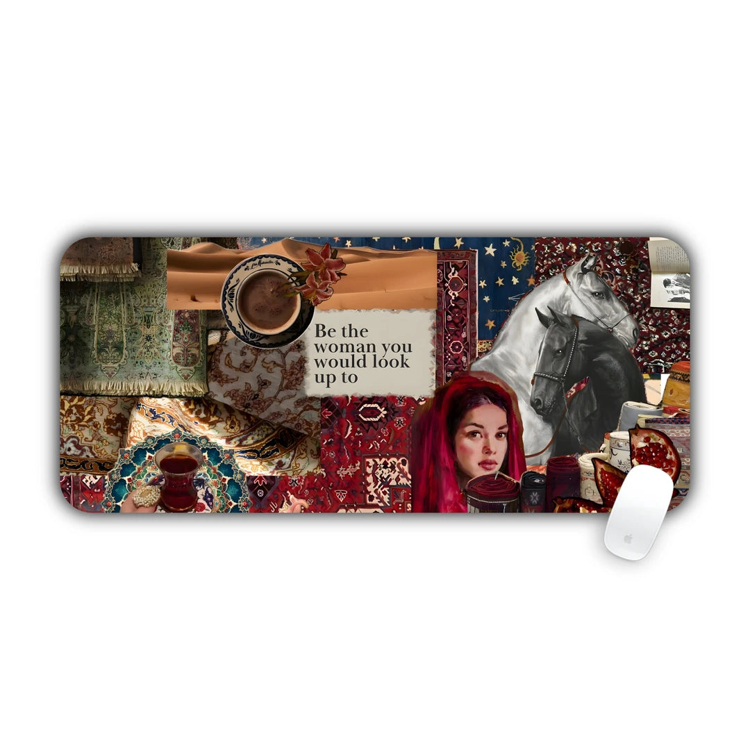 Collage of a woman in a red scarf, white horse, coffee cup and oriental rugs desk pad 70x30