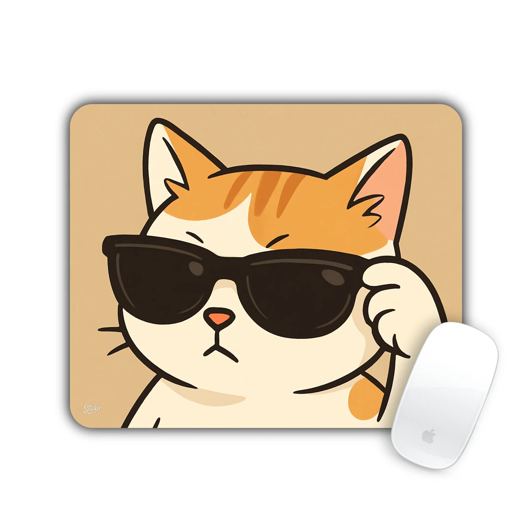 Orange and white cartoon cat adjusting black sunglasses mouse pad 23x19