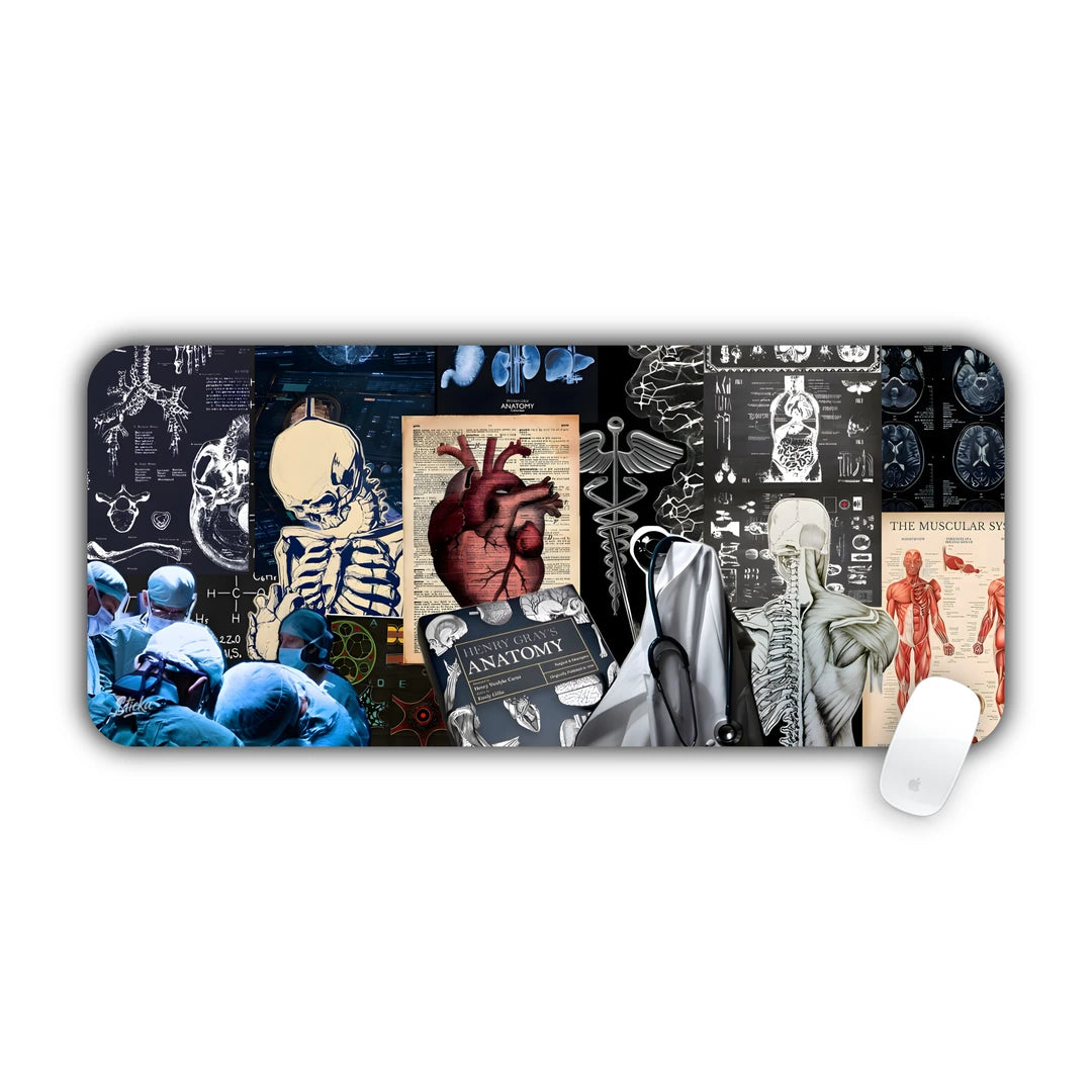 Dark collage of anatomy illustrations, skeletons, x-rays and a heart desk pad 70x30