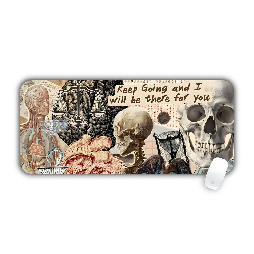 Vintage anatomy collage with skulls, brain and 'Keep going and I will be there for you' note desk pad 70x30