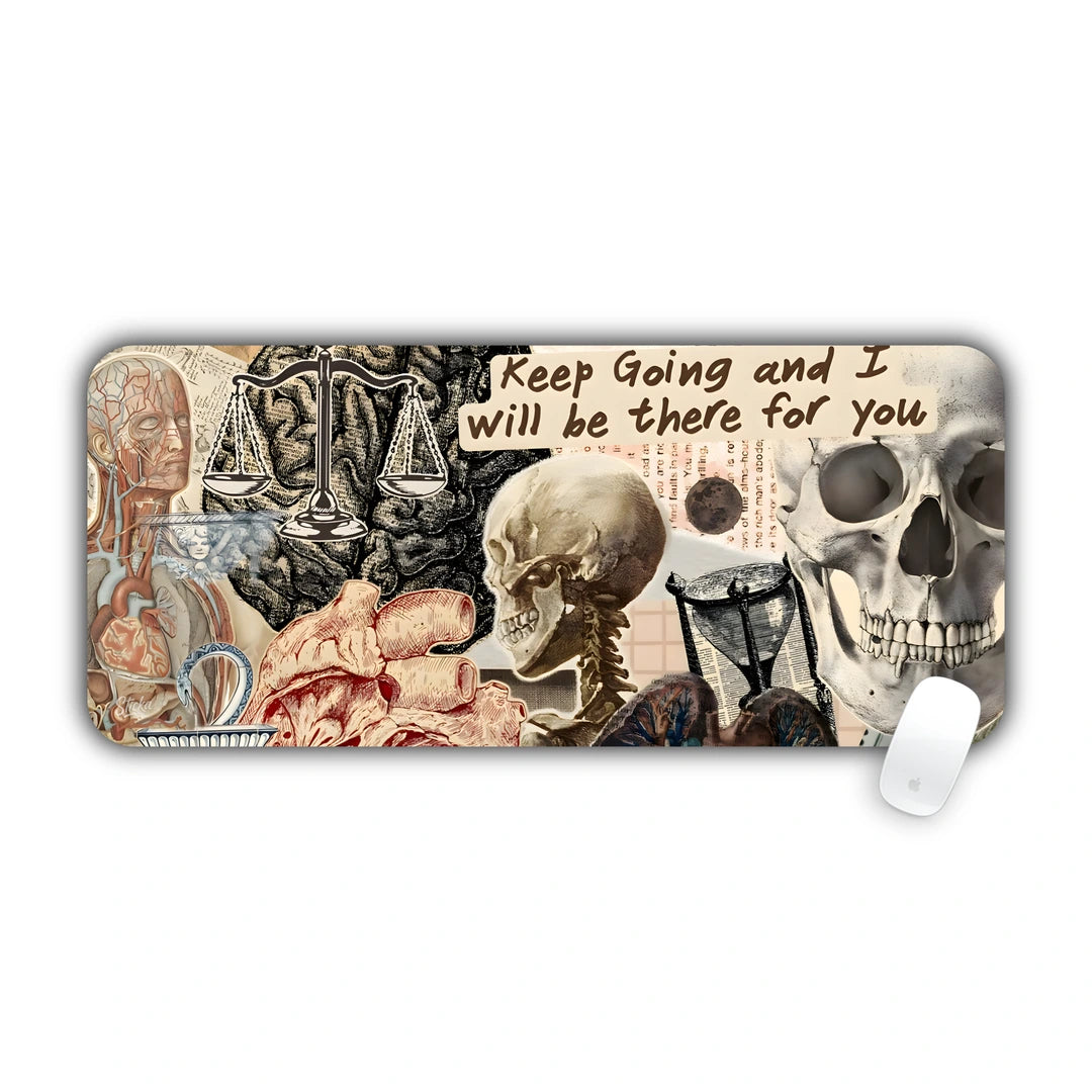 Vintage anatomy collage with skulls, brain and 'Keep going and I will be there for you' note desk pad 70x30