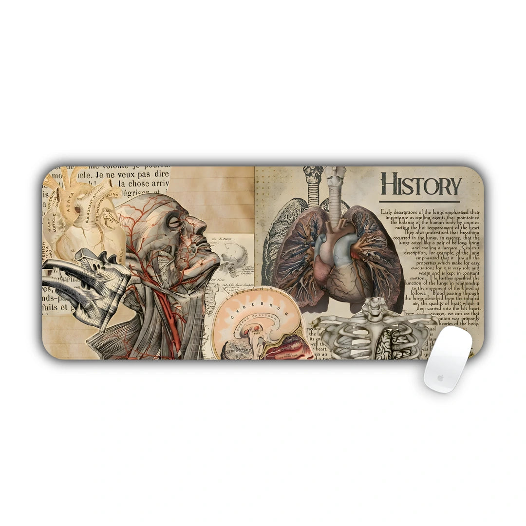Vintage anatomy sheets showing lungs, head cross-section and bones desk pad 70x30