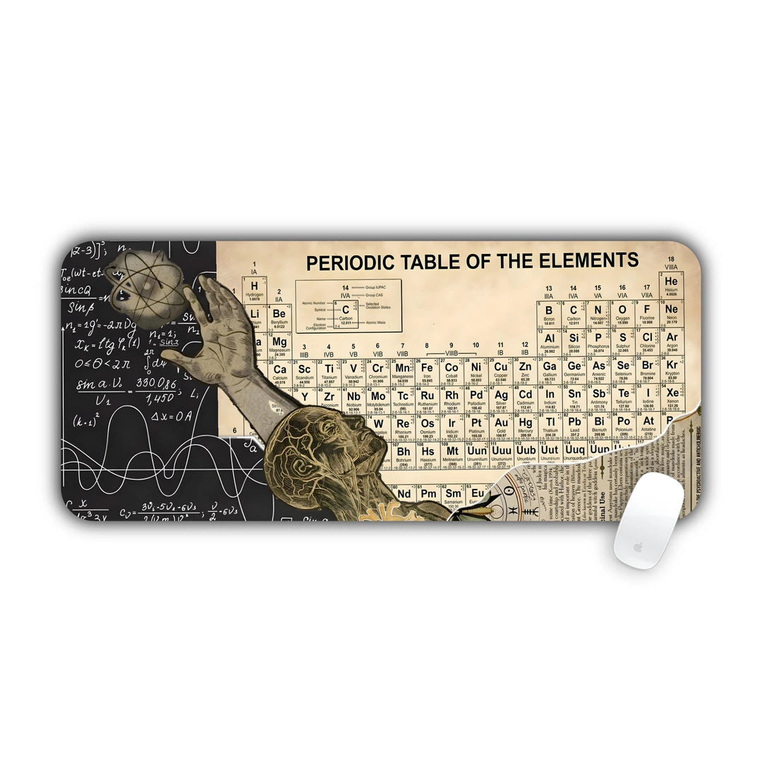 Vintage periodic table of the elements with anatomy sketches and chalkboard equations desk pad 70x30