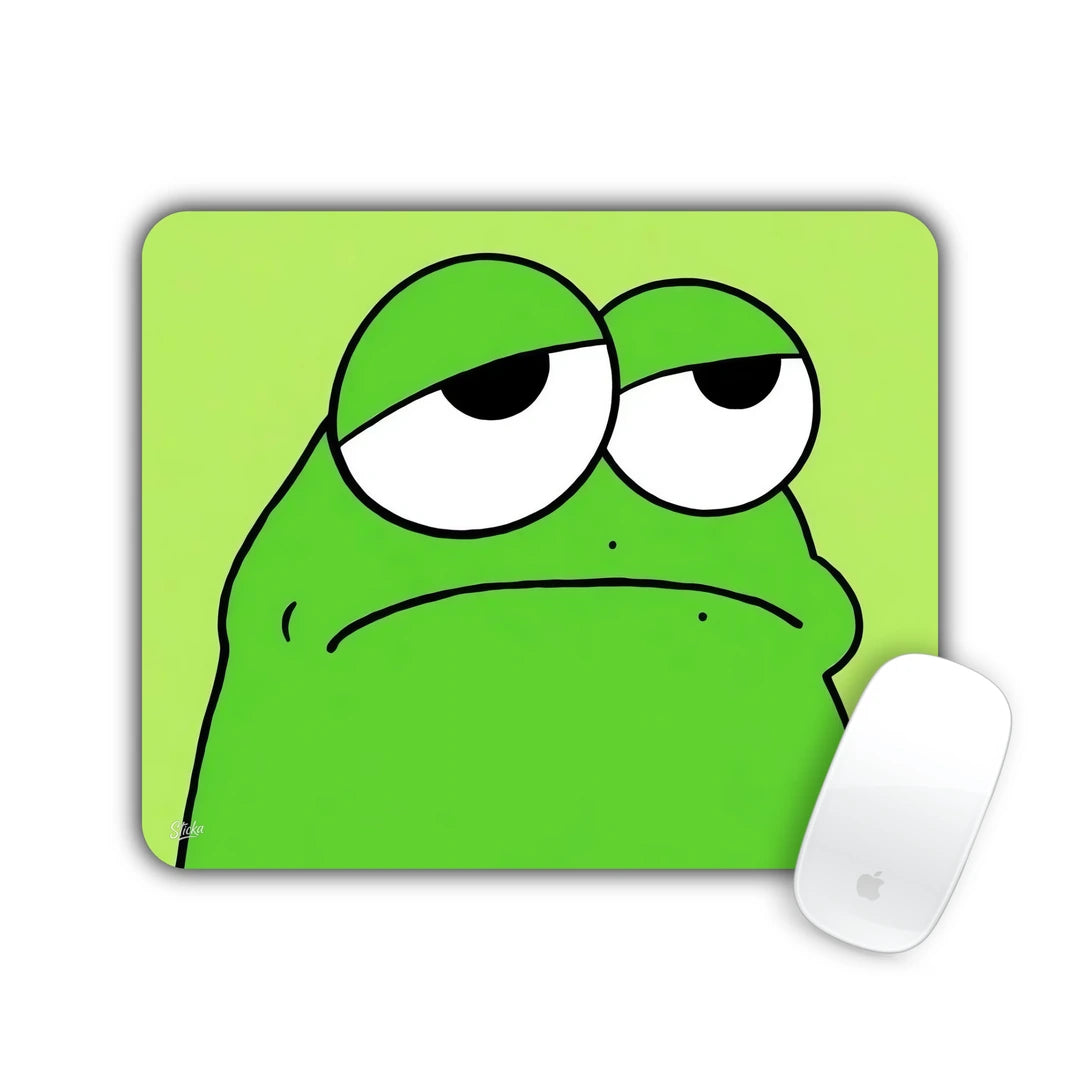 Green cartoon frog with a grumpy face on lime background mouse pad 23x19
