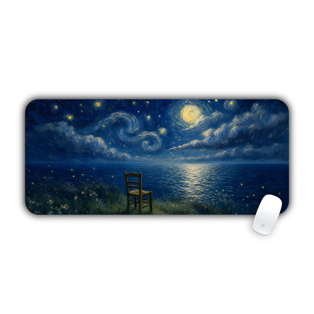 Painting of an empty chair facing a starry night sky over the sea desk pad 70x30