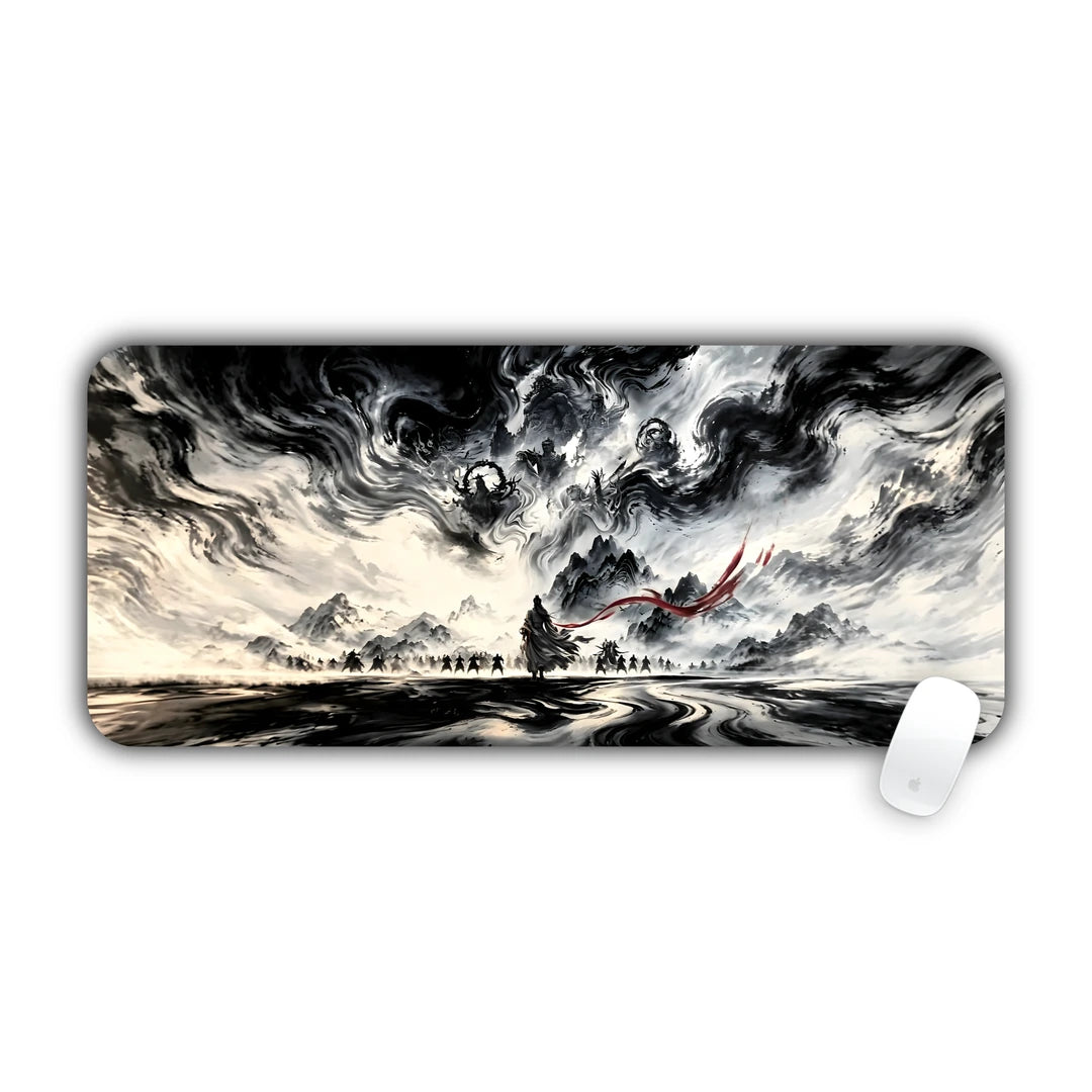 Black and white ink wash landscape with swirling storm clouds and mountains desk pad 70x30