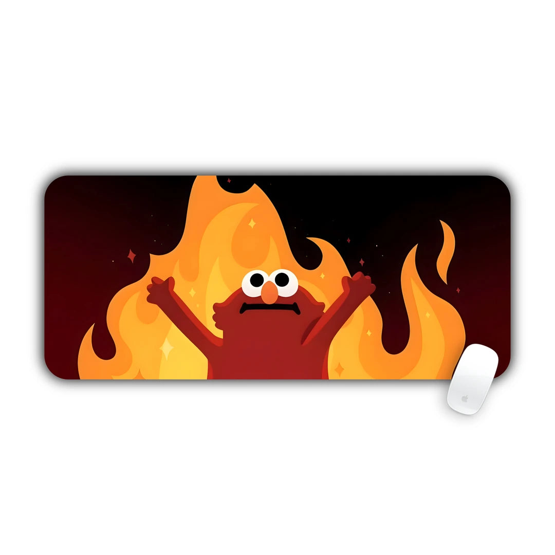 Red furry character raising arms in front of cartoon flames, meme style desk pad 70x30