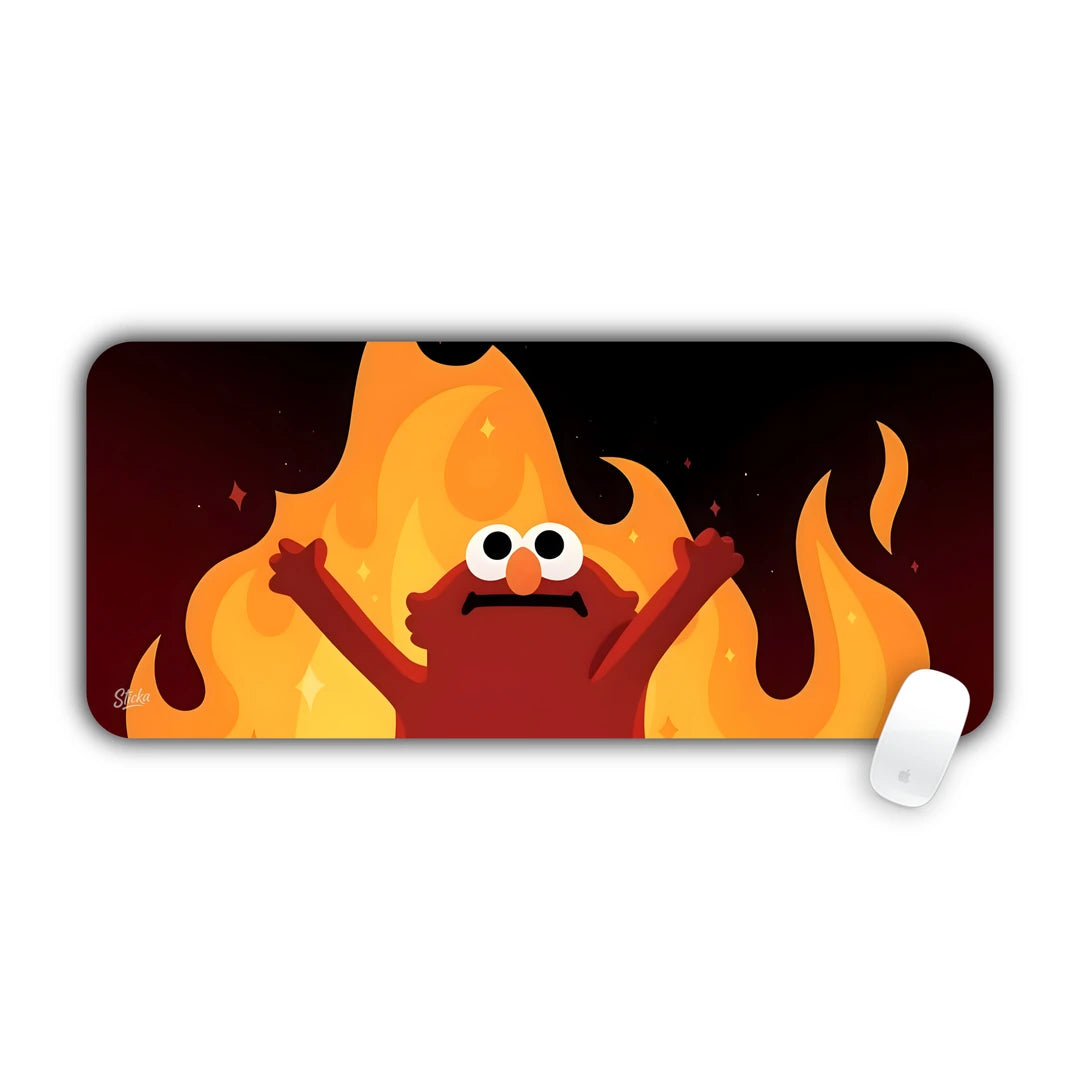 Red furry character raising arms in front of cartoon flames, meme style desk pad 70x30