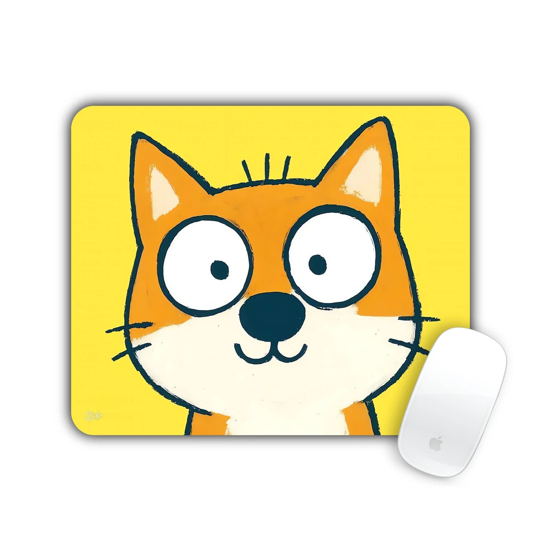 Orange cartoon fox with wide eyes on a yellow background mouse pad 23x19