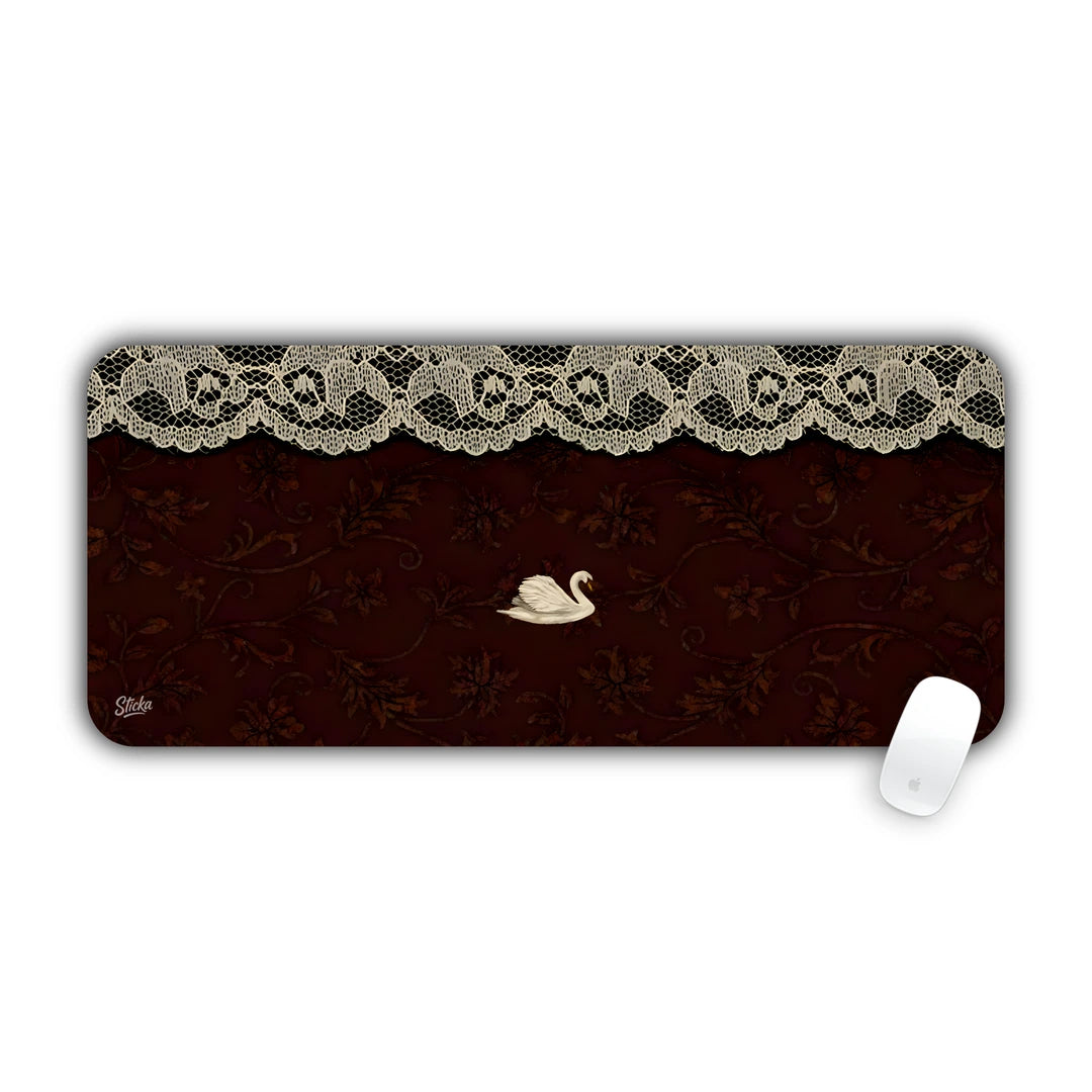 Small swan on dark red floral background under a vintage lace border desk pad 70x30